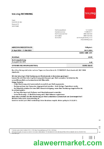 Sweden Tele Ring business utility bill template in Word and PDF formats